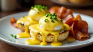 Eggs Benedict – Frühstücksgericht mit pochierten Eiern und Hollandaise.