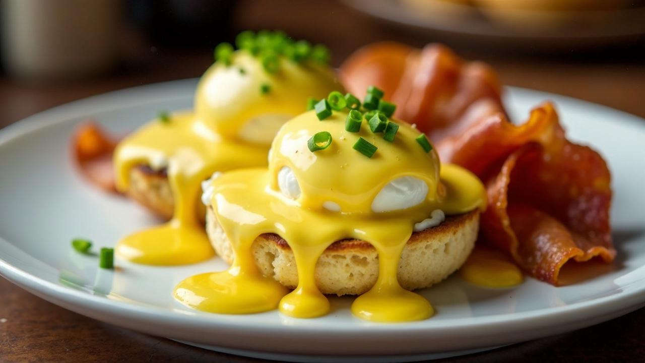 Eggs Benedict – Frühstücksgericht mit pochierten Eiern und Hollandaise.