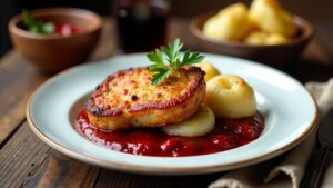 Eisbein mit Rotkohl und Kartoffelklößen