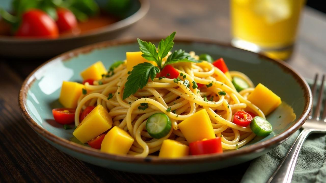 Exotischer Nudelsalat mit Mango und Curry-Dressing