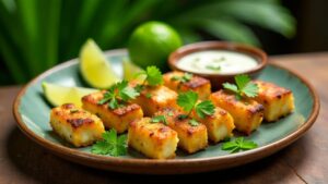 Fisch-Brotfrucht-Kebabs