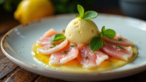 Fischcarpaccio mit Brotfruchteis