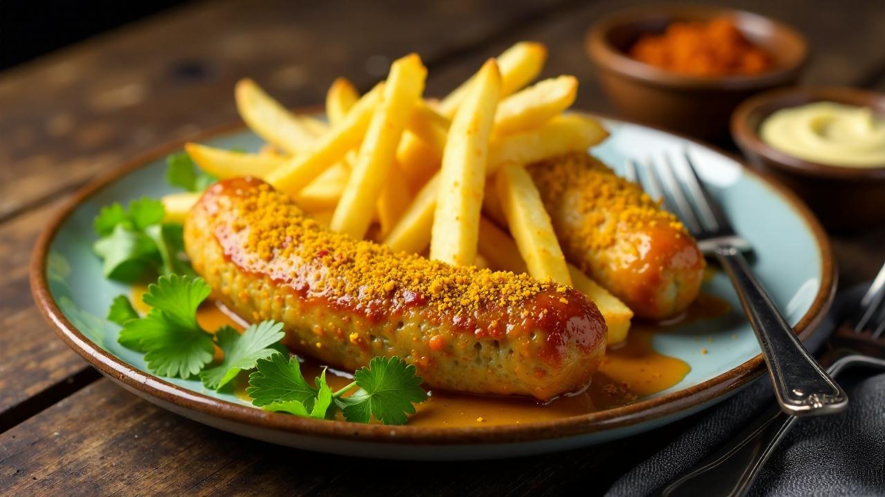 Fischcurrywurst mit Zitronen-Mayonnaise und Pommes