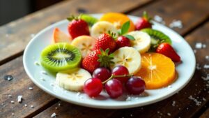 Frische Obstplatte mit Kokosraspeln