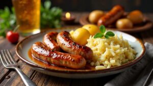 Fränkische Bratwurst mit Sauerkraut und Kartoffeln