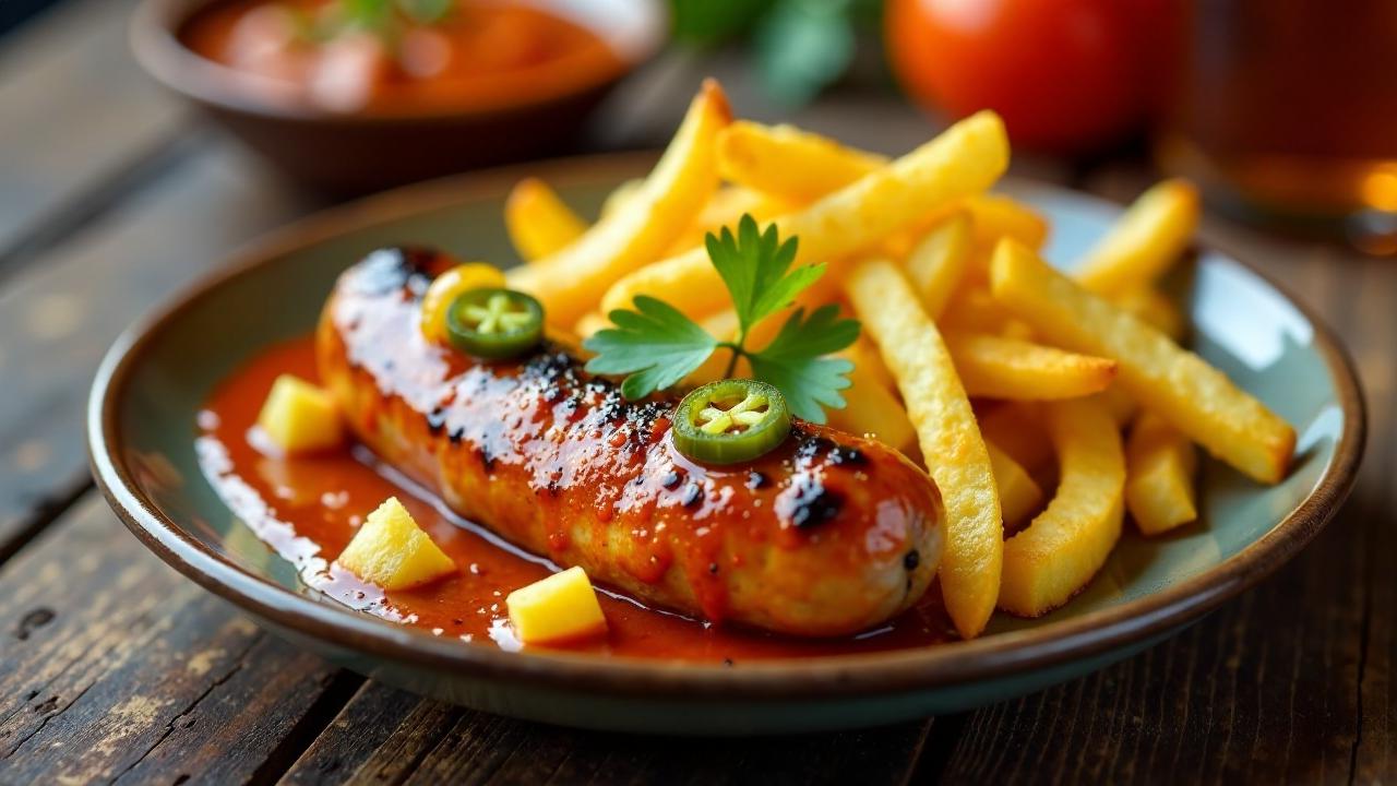 Fruchtige Currywurst mit Ananas-Jalapeno-Pommes