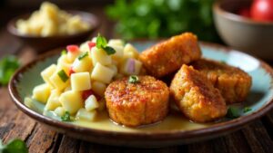 Gebratene Leberkäsewürfel mit Kartoffelsalat