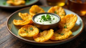 Gebratene Taro-Chips mit Joghurt-Kräuter-Dip