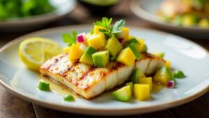 Gegrillter Heilbutt mit Avocado-Mango-Salsa