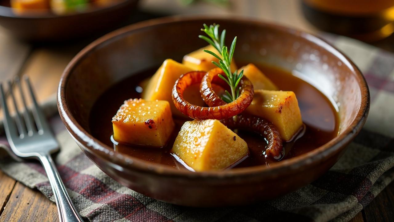 Geschmorte Leberkäse-Würfel mit Zwiebeln