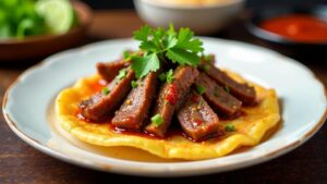 Gochujang Beef on Taro Pancakes