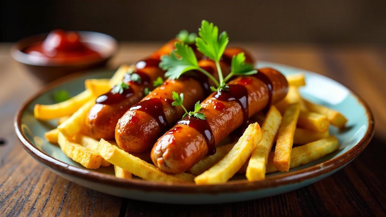 Gourmet-Currywurst mit Balsamico-Glasur und Pommes