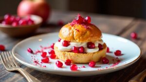 Granatapfel-Profiteroles mit Rosenblättern