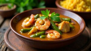 Gumbo – Würzige Suppe mit Okra, Hühnchen und Meeresfrüchten.