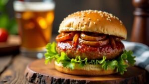 Hamburger mit Frankfurter Würstchen und Zwiebel-Dip