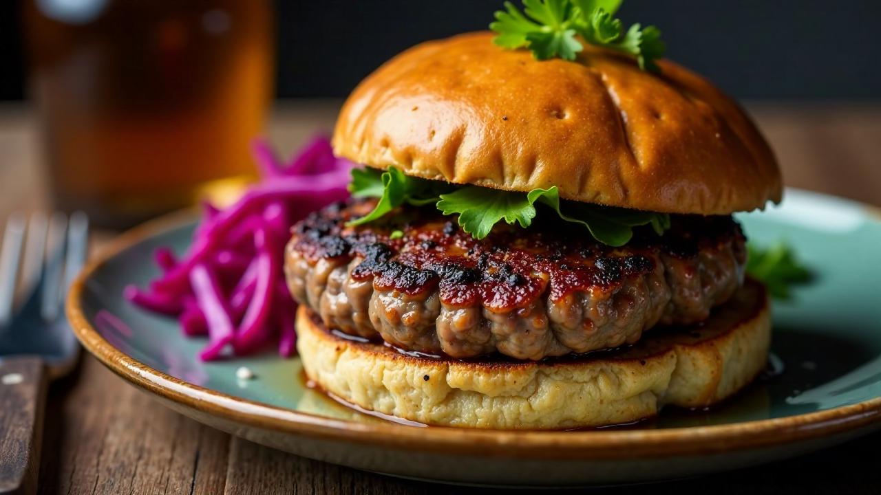 Hamburger mit Schweinshaxe und Rotkohl