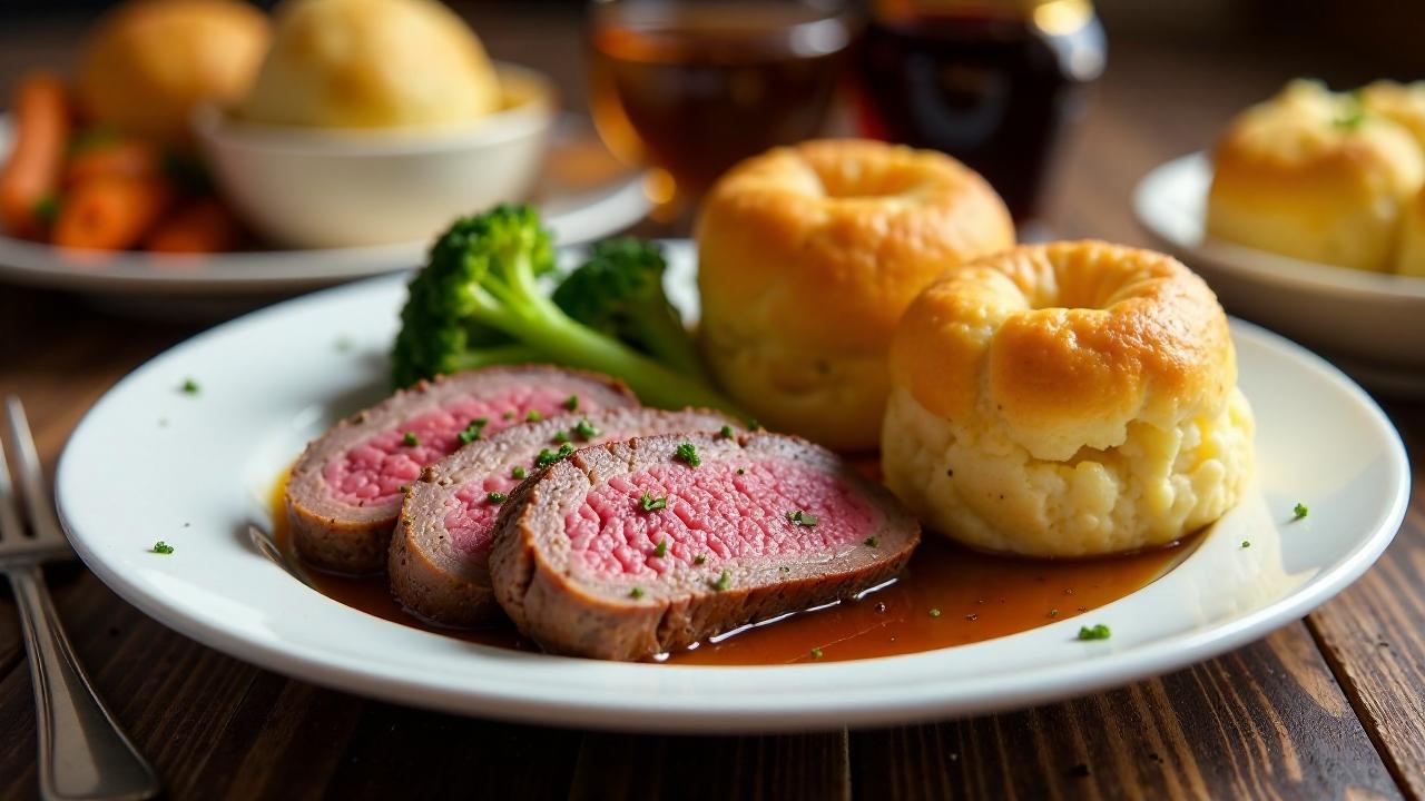 Hauptgericht mit Roastbeef und Yorkshire Puddings