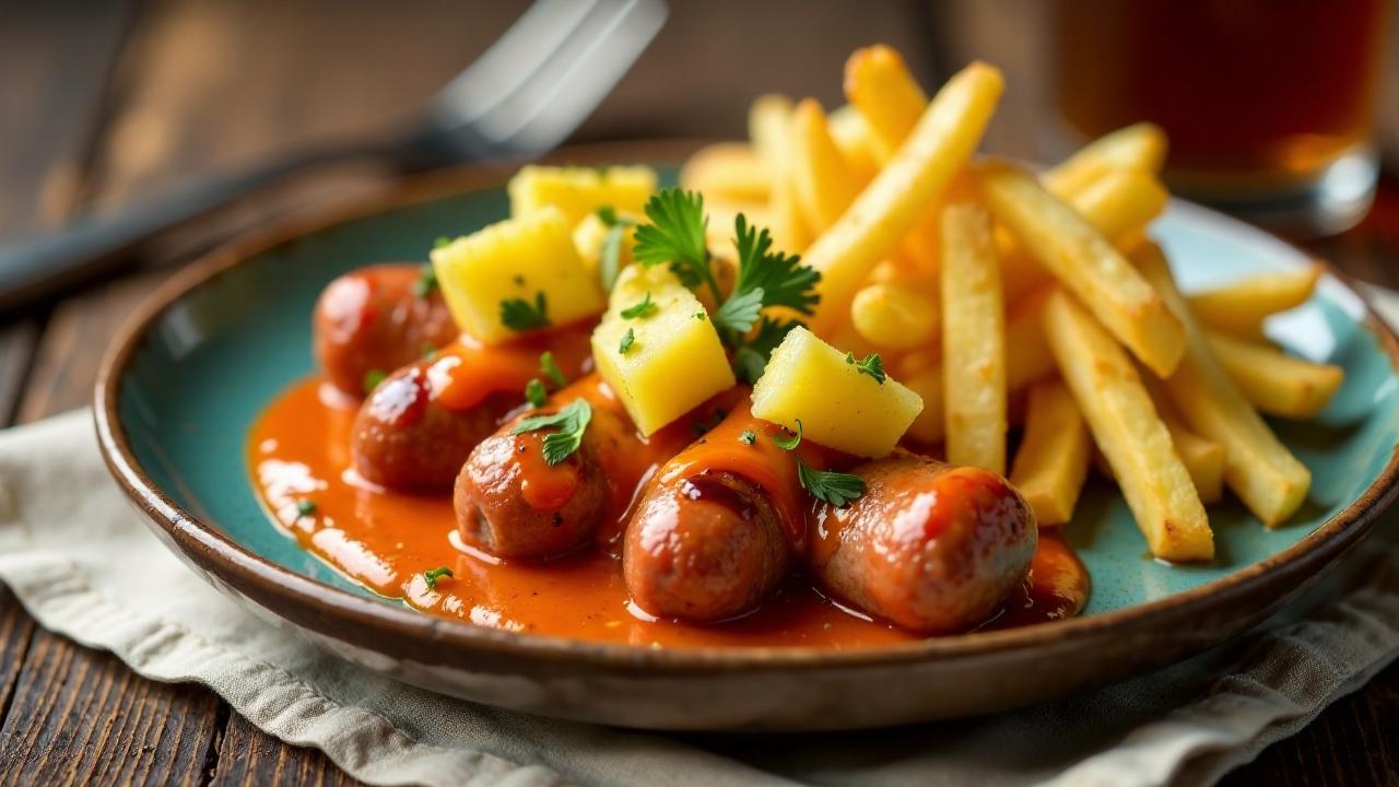 Hawai-Currywurst mit Ananas auf Pommes