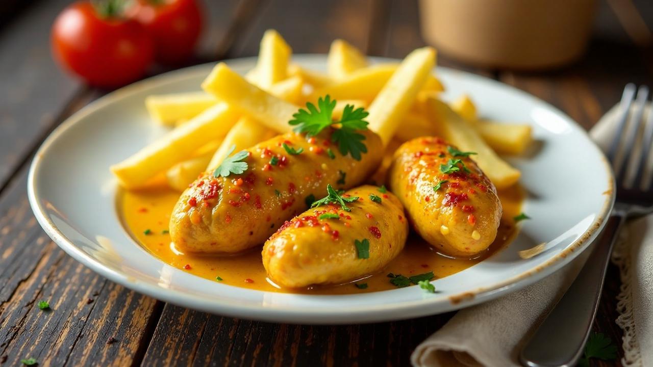 Hähnchen-Currywurst mit Honig-Senf-Sauce und Pommes