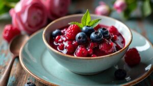 Himbeer-Blaubeer-Grütze mit Minze