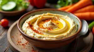 Hummus mit Olivenöl und Paprika