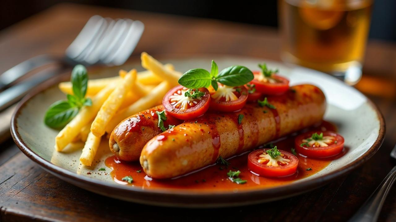 Italienische Currywurst mit Caprese-Sauce und Rosmarin-Pommes