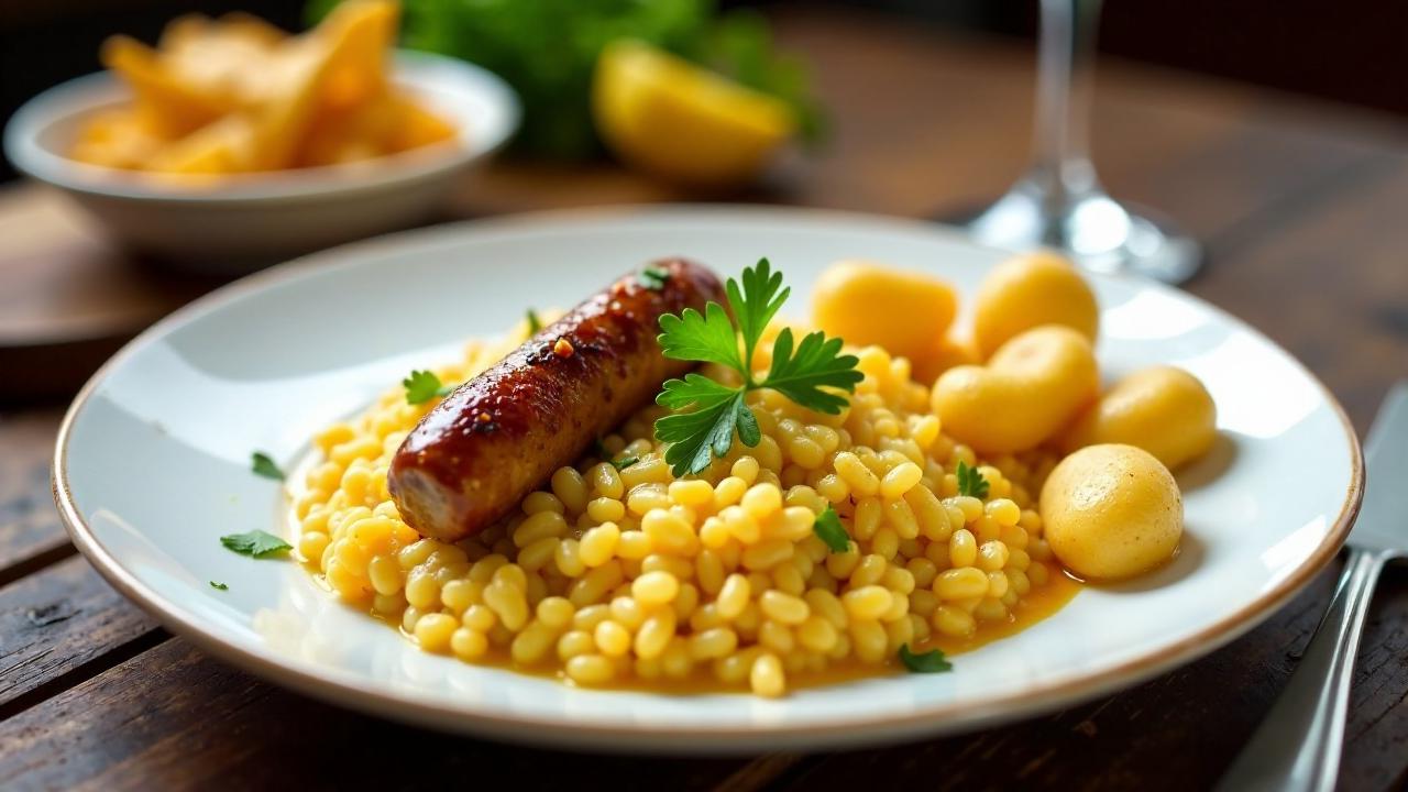 Italienische Risotto-Currywurst mit Kartoffel-Gnocchi-Pommes