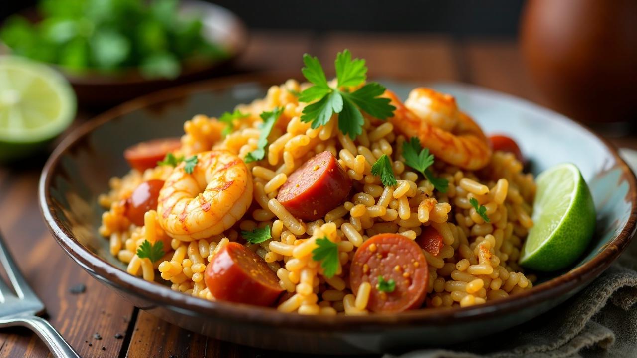 Jambalaya – Pikantes Reisgericht mit Hühnchen, Garnelen und Wurst.