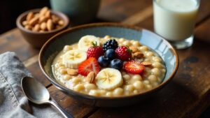 Karma Puder-Kama-Mehl-Porridge mit Früchten