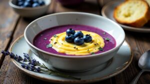 Kartoffel-Heidelbeer-Suppe mit Lavendel