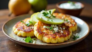 Kartoffelpuffer mit Blauschimmelkäse und Birne