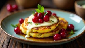 Kartoffelpuffer mit Camembert und Preiselbeeren