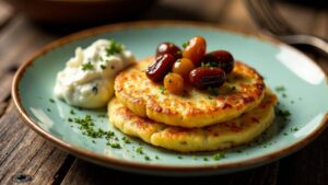 Kartoffelpuffer mit Datteln und Blauschimmelkäsedip