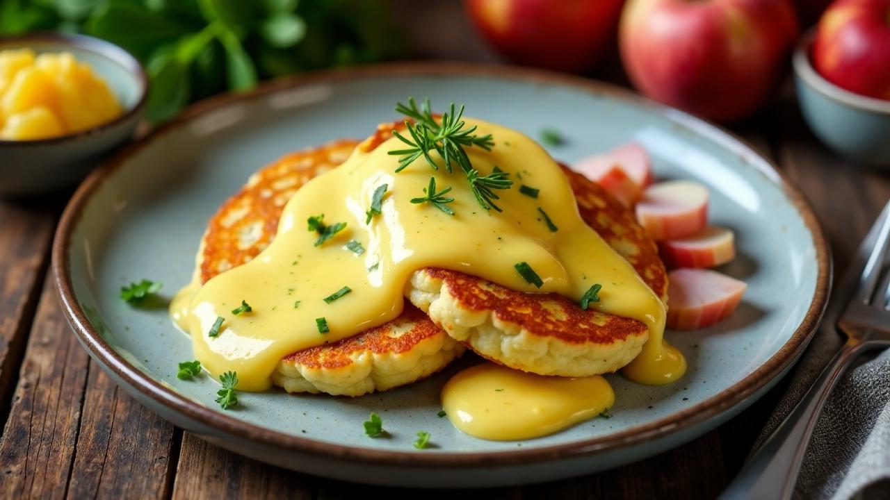 Kartoffelpuffer mit Dillhollandaise und Schinken