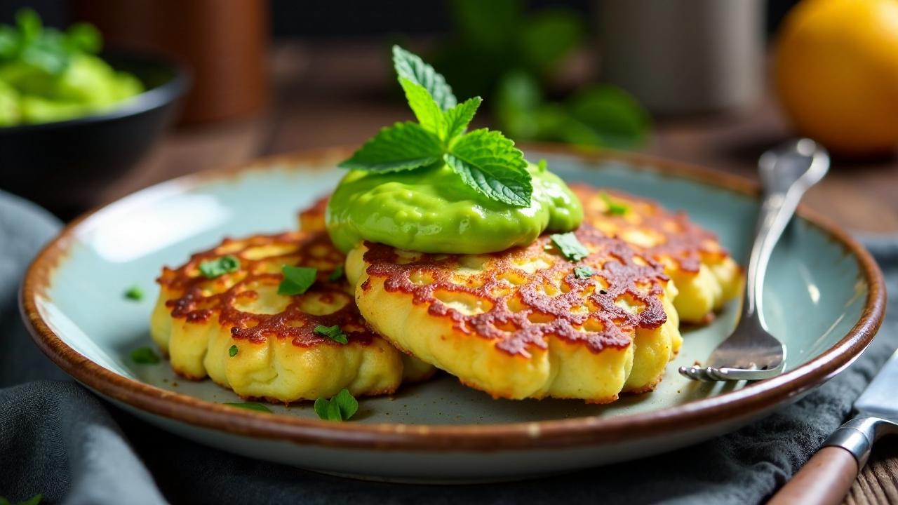 Kartoffelpuffer mit Erbsenpüree und Minze