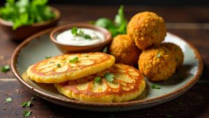 Kartoffelpuffer mit Falafel und Joghurtdip