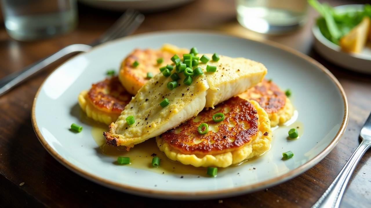 Kartoffelpuffer mit Kichererbsenpüree und Seezunge