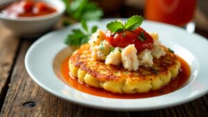 Kartoffelpuffer mit Krabben und Cocktailsauce