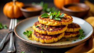 Kartoffelpuffer mit Kürbis und Chili-Mandel-Butter