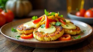 Kartoffelpuffer mit Käsesoße und Paprika