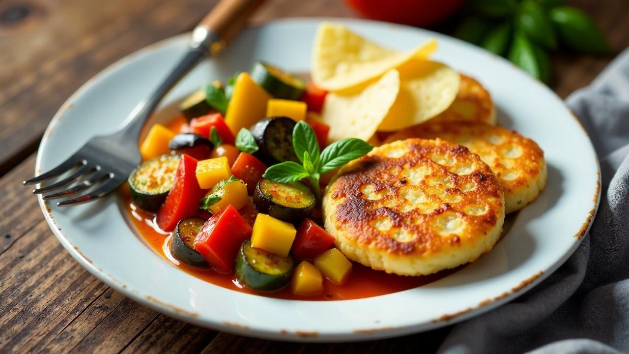 Kartoffelpuffer mit Ratatouille und Parmesanchips