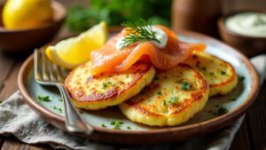 Kartoffelpuffer mit Räucherlachs und Dillsauce