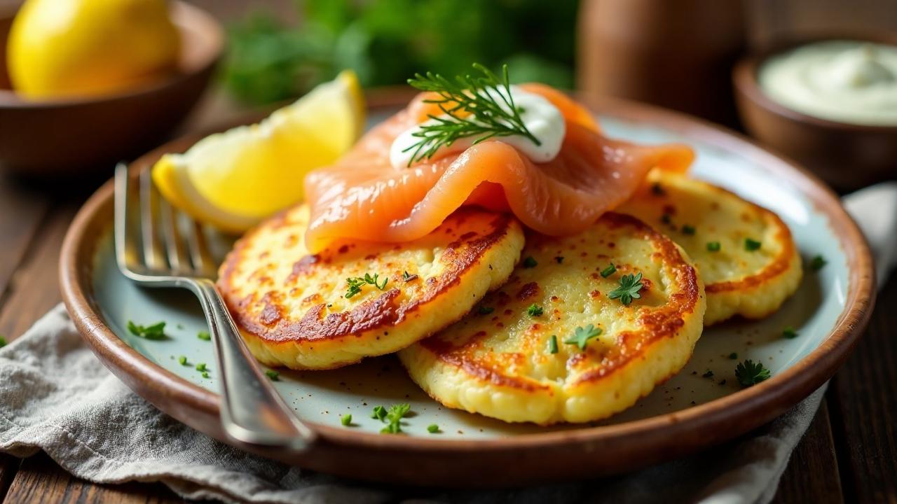 Kartoffelpuffer mit Räucherlachs und Dillsauce