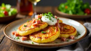 Kartoffelpuffer mit Schinken und Käse gratiniert