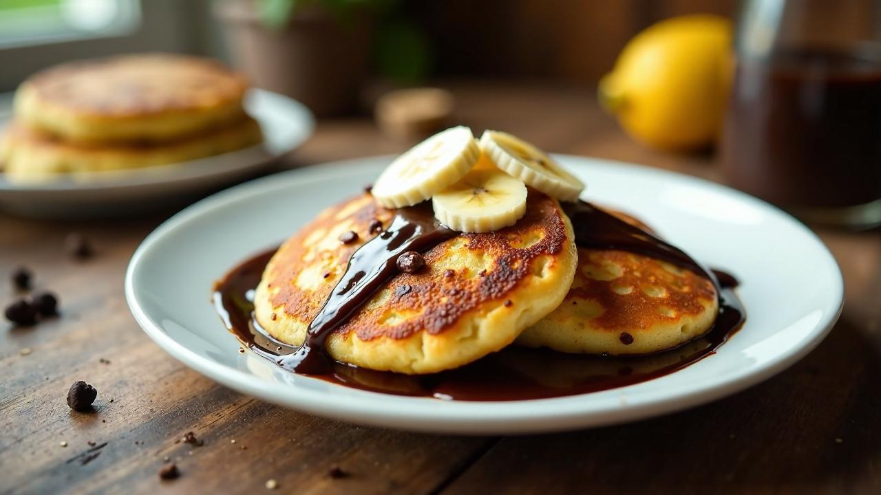 Kartoffelpuffer mit Schokosoße und Bananenscheiben