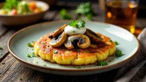 Kartoffelpuffer mit Schwarzwurzeln und Parasolpilzen