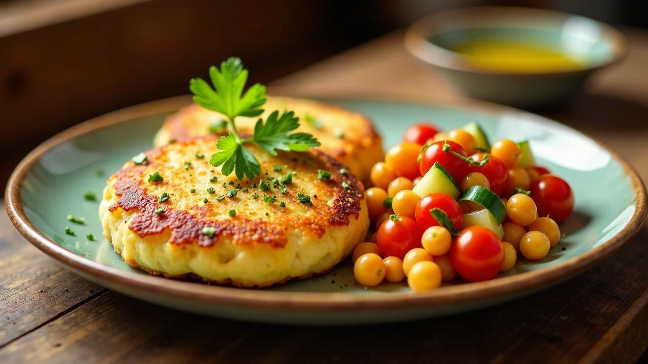 Kartoffelpuffer mit Süßkartoffelpuffer und Kichererbsensalat