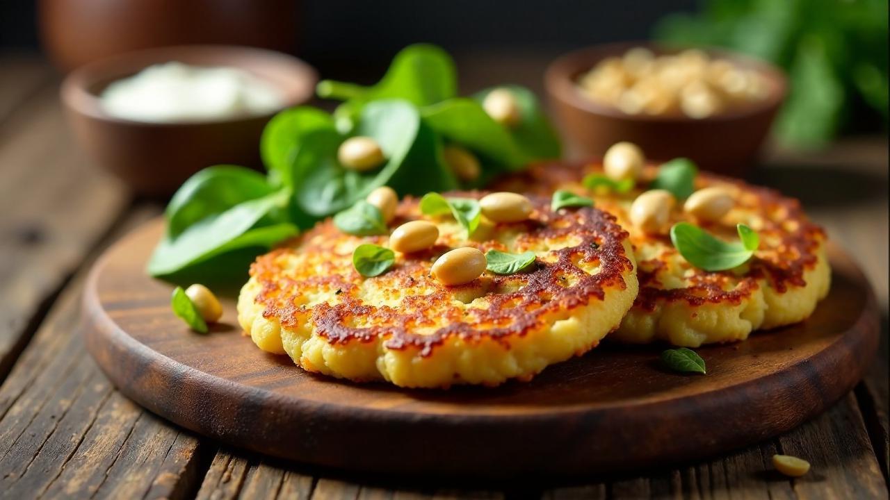 Kartoffelpuffer mit Spinatsalat und Pinienkernen