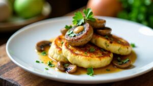 Kartoffelpuffer mit Wachtel und Pilzen