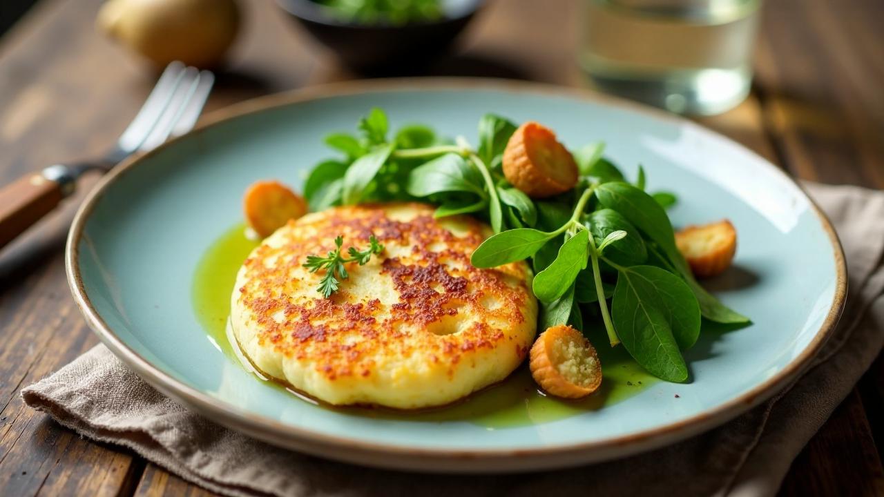 Kartoffelpuffer mit Wildkräutersalat und Knoblauchcroutons